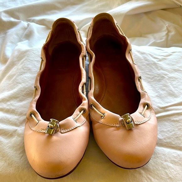 Shoes - Women’s Pink Leather Ballet Flats with Gold Hardware